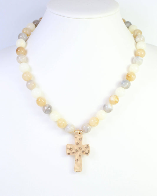 Kathryn Hammered Cross Beaded Necklace Ivory