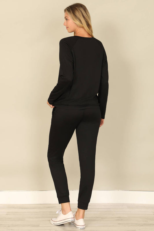 SOLID LONG SLEEVE TOP AND JOGGERS SET WITH SELF TIE - BLACK