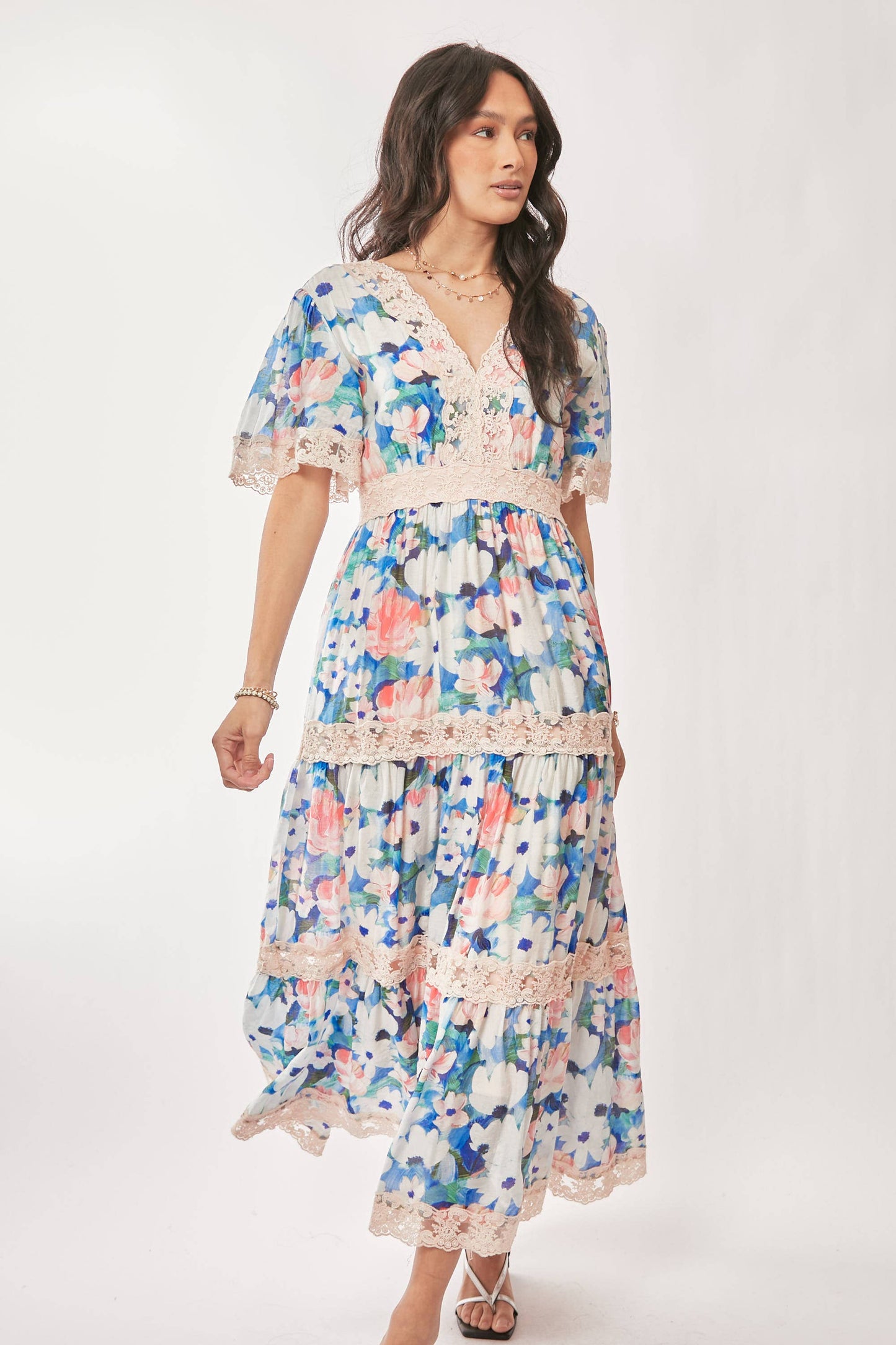 WATER PAINTING FLORAL ZIPPERED MAXI DRESS