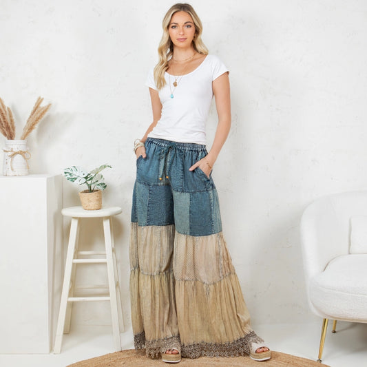 Boho-Inspired Long Denim Pants with Solid Patch