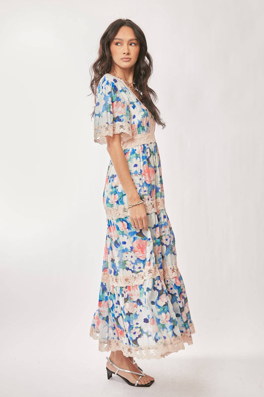 WATER PAINTING FLORAL ZIPPERED MAXI DRESS
