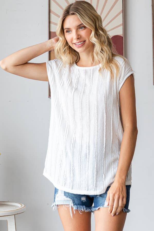 Lightweight Stripe Textured Cap Sleeves Blouse