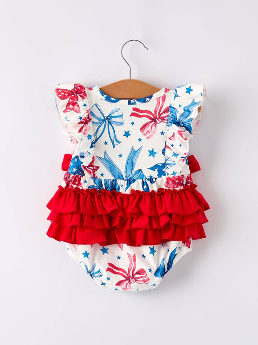 4th of July Bow Print Girls Romper