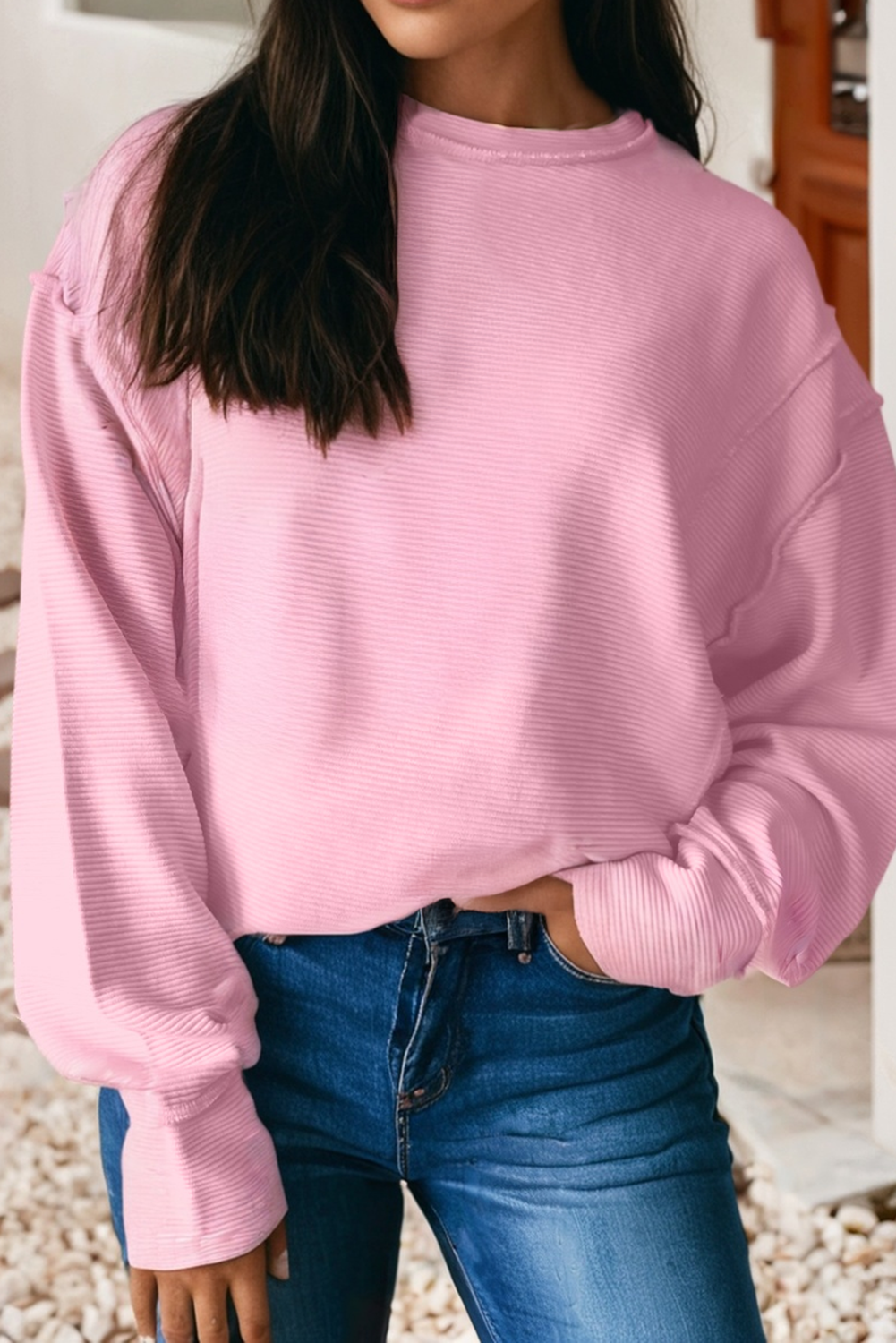 Ribbed Exposed Seam Detail Drop Shoulder