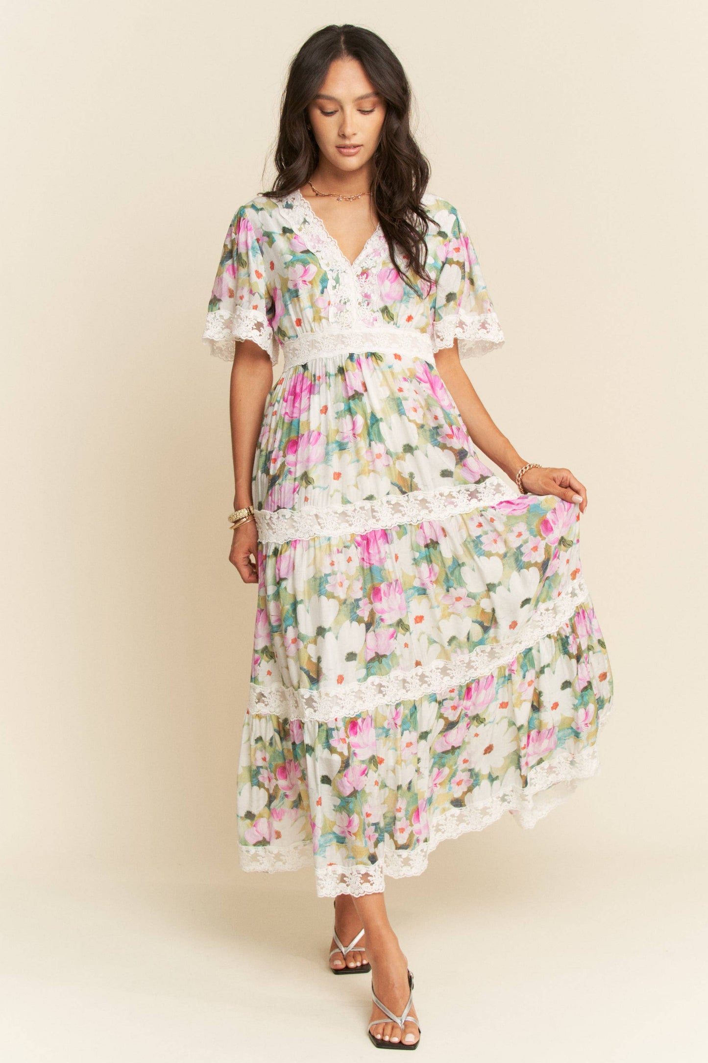 WATER PAINTING FLORAL ZIPPERED MAXI DRESS
