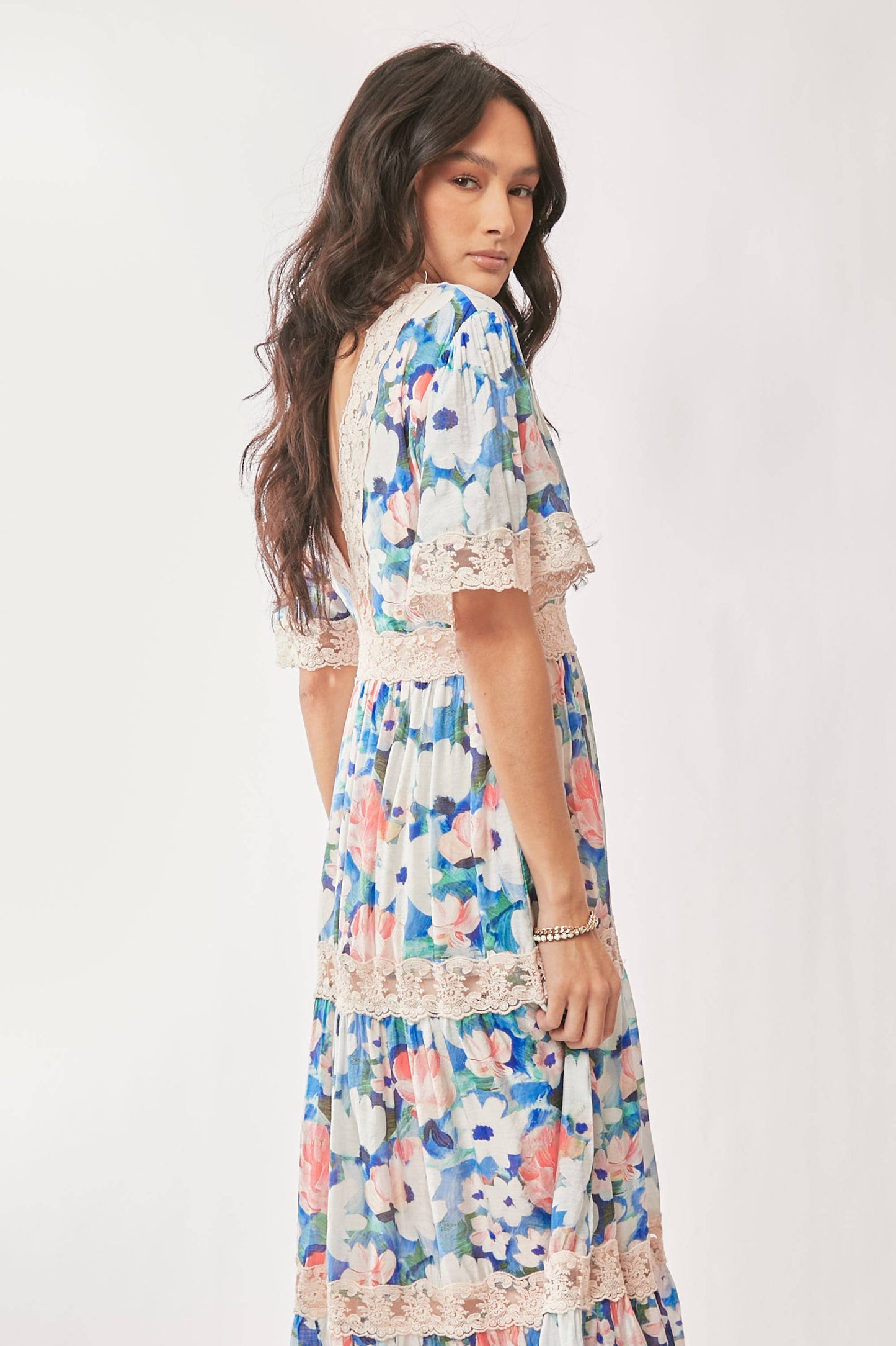 WATER PAINTING FLORAL ZIPPERED MAXI DRESS