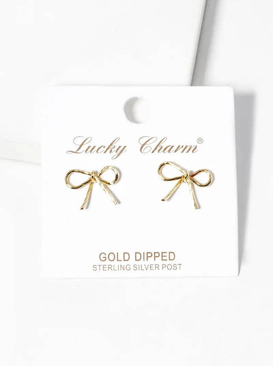 18K Gold Dipped Textured Wire Ribbon Bow Post Stud Earrings