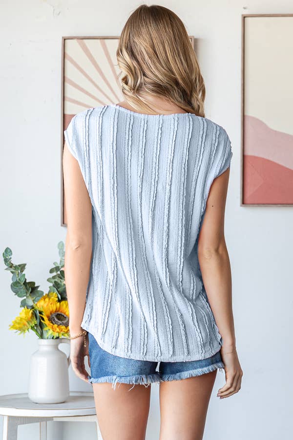 Lightweight Stripe Textured Cap Sleeves Blouse