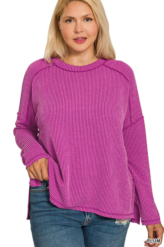Raised Rib Raw Edge Boat Neck Long Sleeve Top