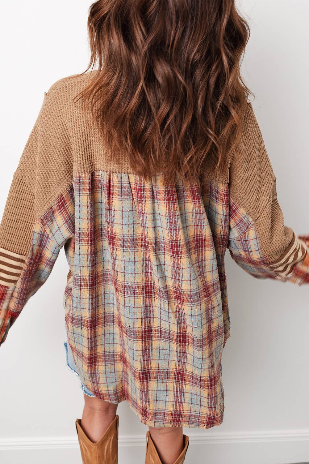 Waffle Stripe Plaid Patchwork Henley Knit Top