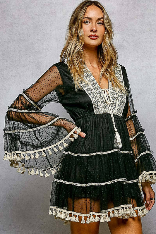 Split Embroidery Tassel Detail V-Neck Flared Short Dress