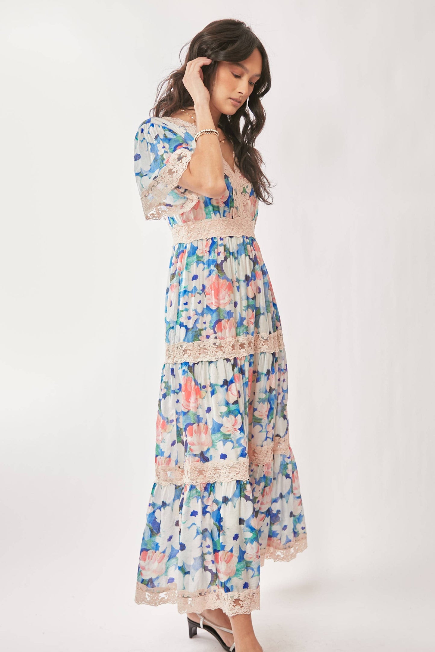 WATER PAINTING FLORAL ZIPPERED MAXI DRESS