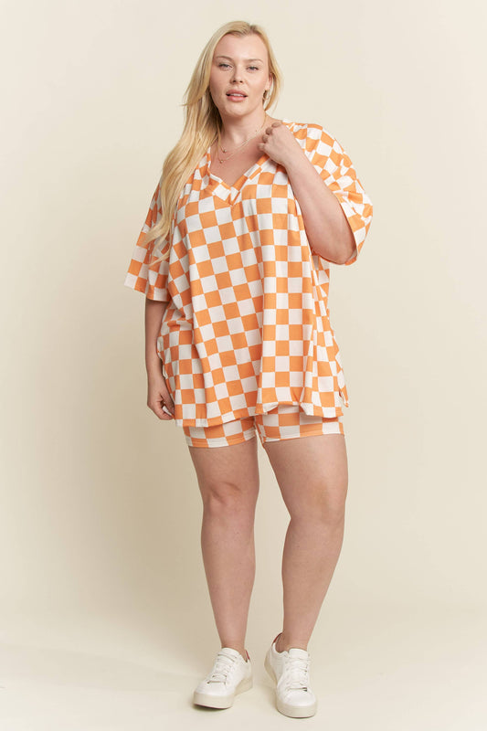 PLUS SIZE SHORT SLV V-NECK / SHORTS CHECKERBOARD SET