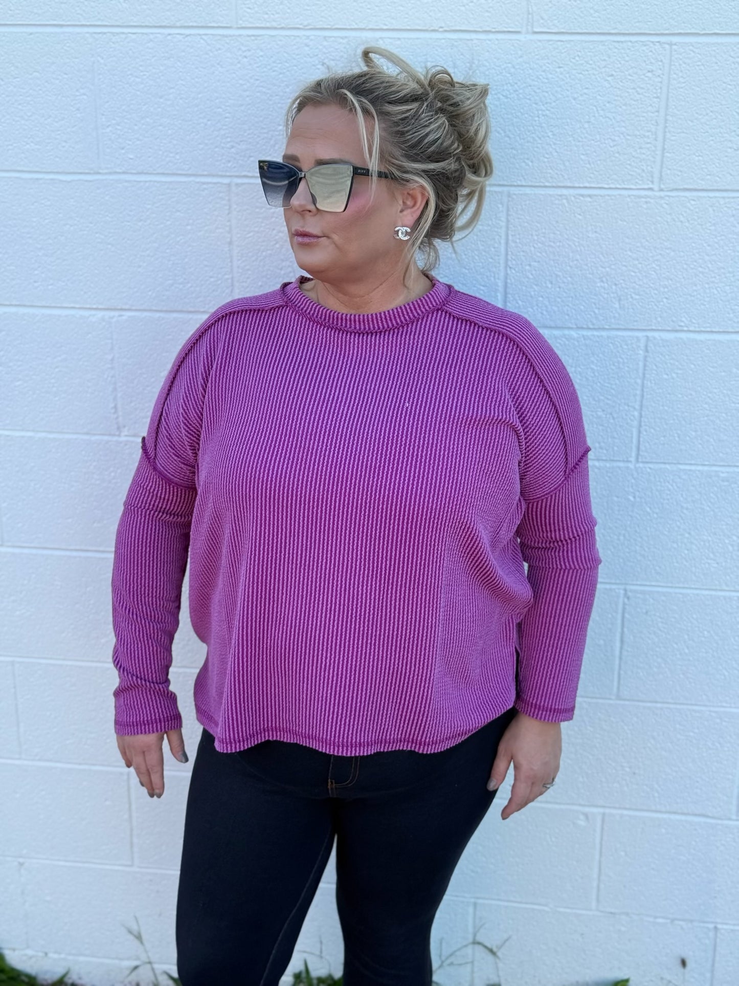 Raised Rib Raw Edge Boat Neck Long Sleeve Top