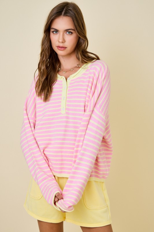 Striped Henley Neck Knit Top W/ Dropped Shoulders