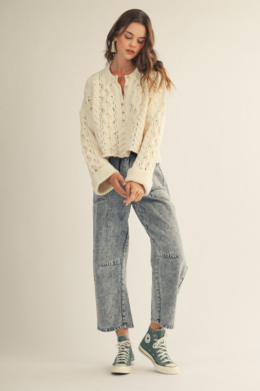 Soft Twisted Ribbed Half Buttons Down Sweater