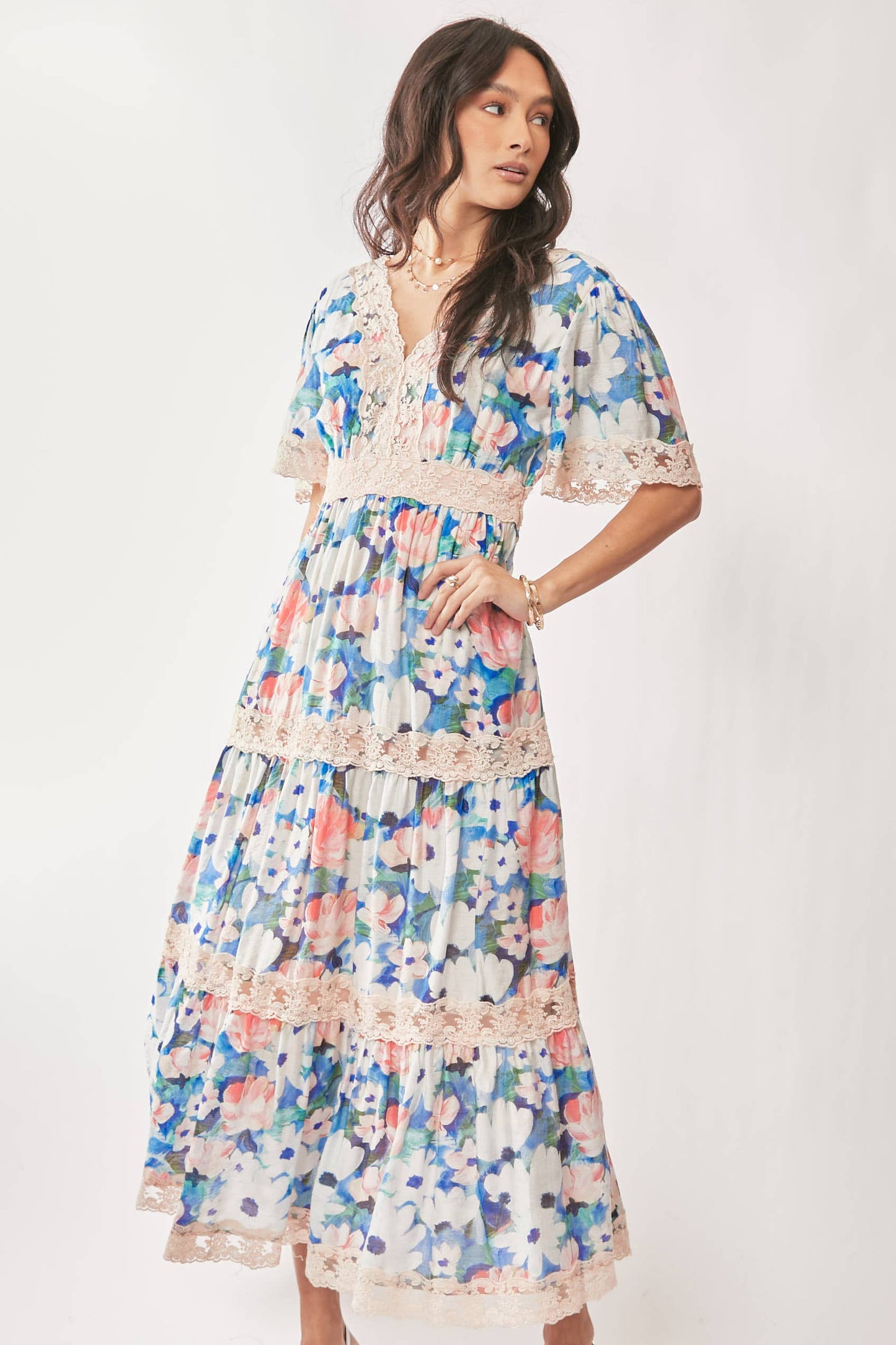 WATER PAINTING FLORAL ZIPPERED MAXI DRESS