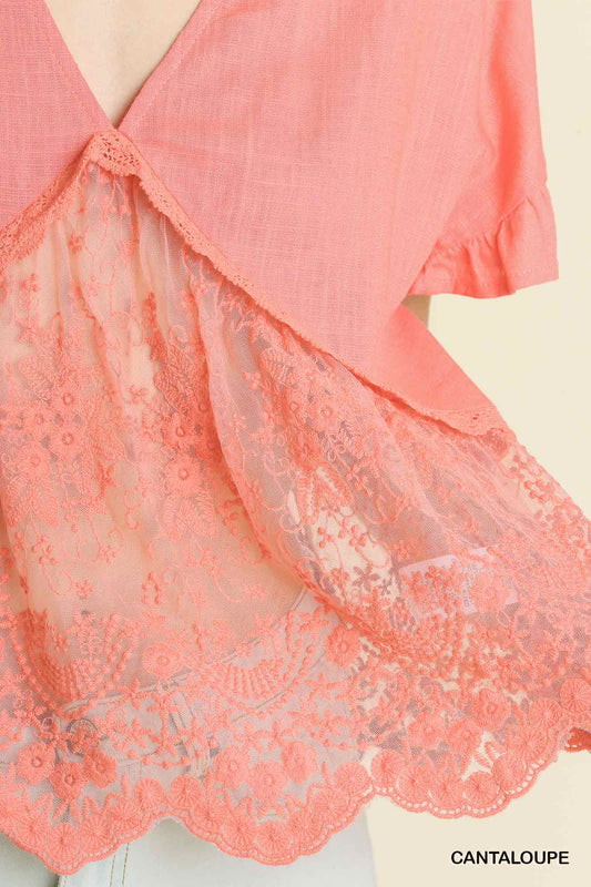 Linen Blend V-Neck Sheer Lace Scallop Top