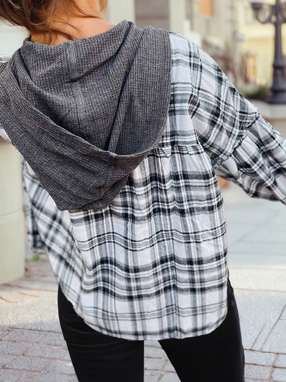 Plaid Patchwork Long Sleeve Button Hooded Blouse