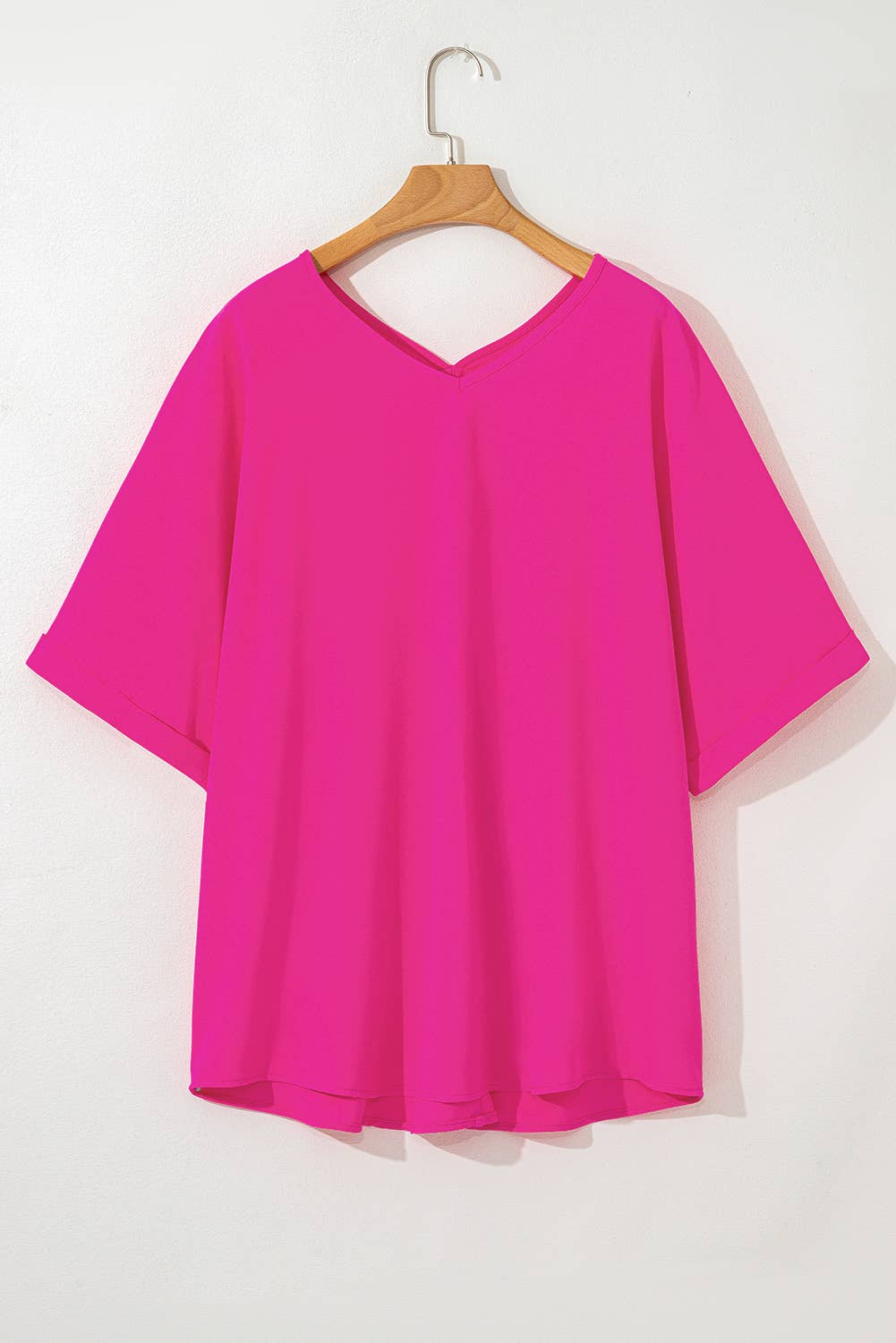 Plus Size Seamed Back High Low Hem V Neck Cuffed Sleeve Tee