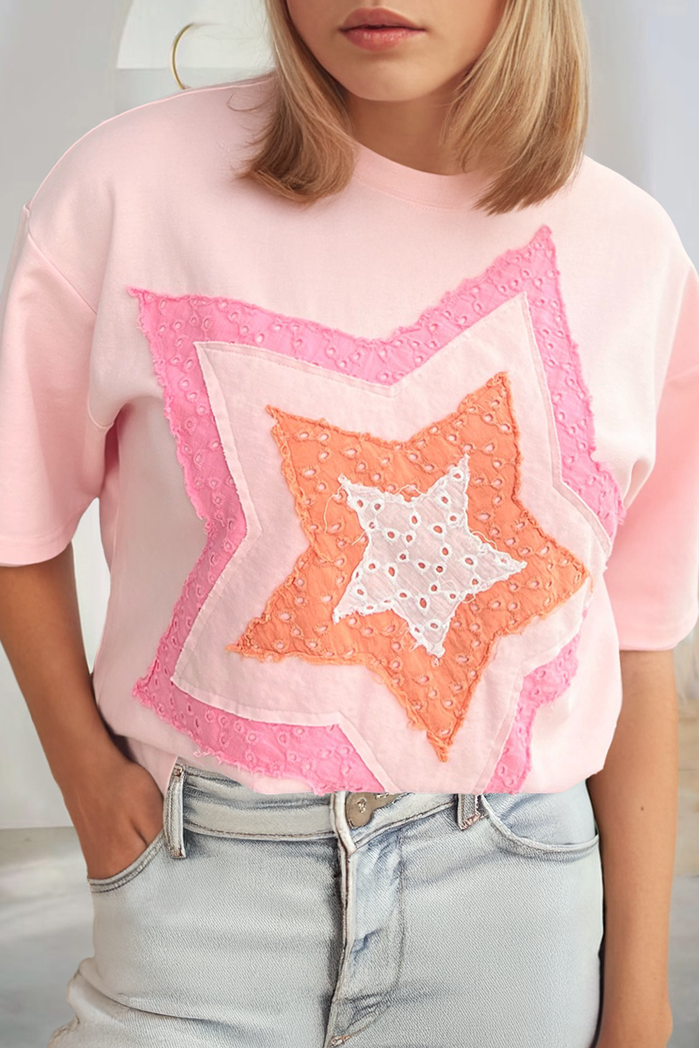 Eyelet Lace Star Applique Plus Size T-Shirt