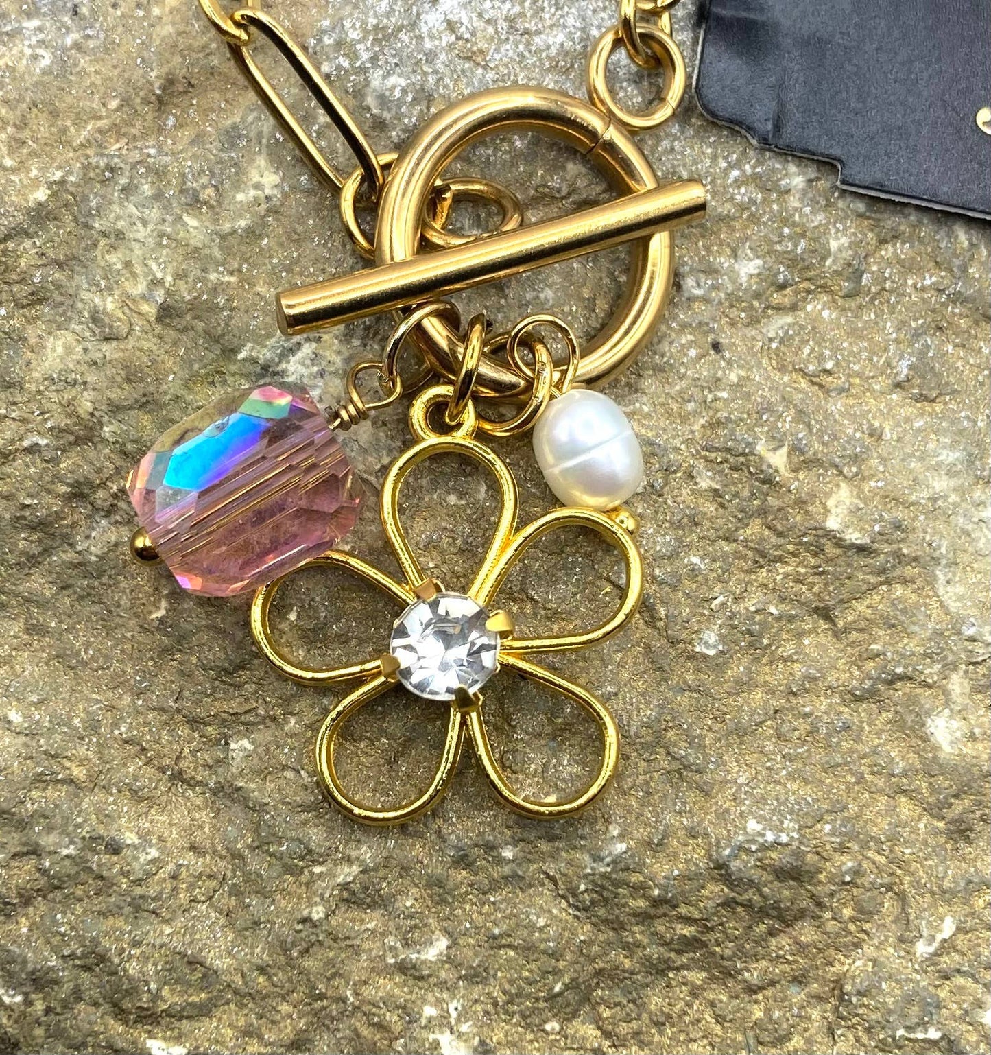 Boho Gold Floral Charm Toggle Necklace