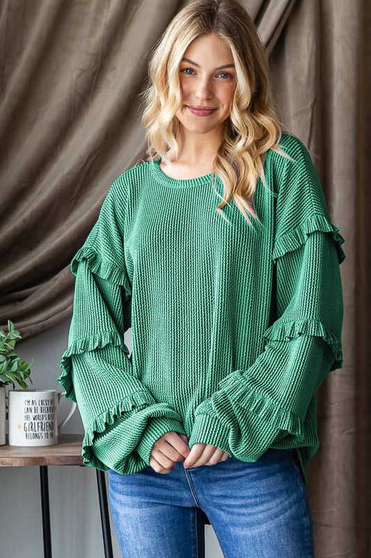 PUFF SLEEVE SOLID URBAN RIBBED TOP WITH SHIRRING
