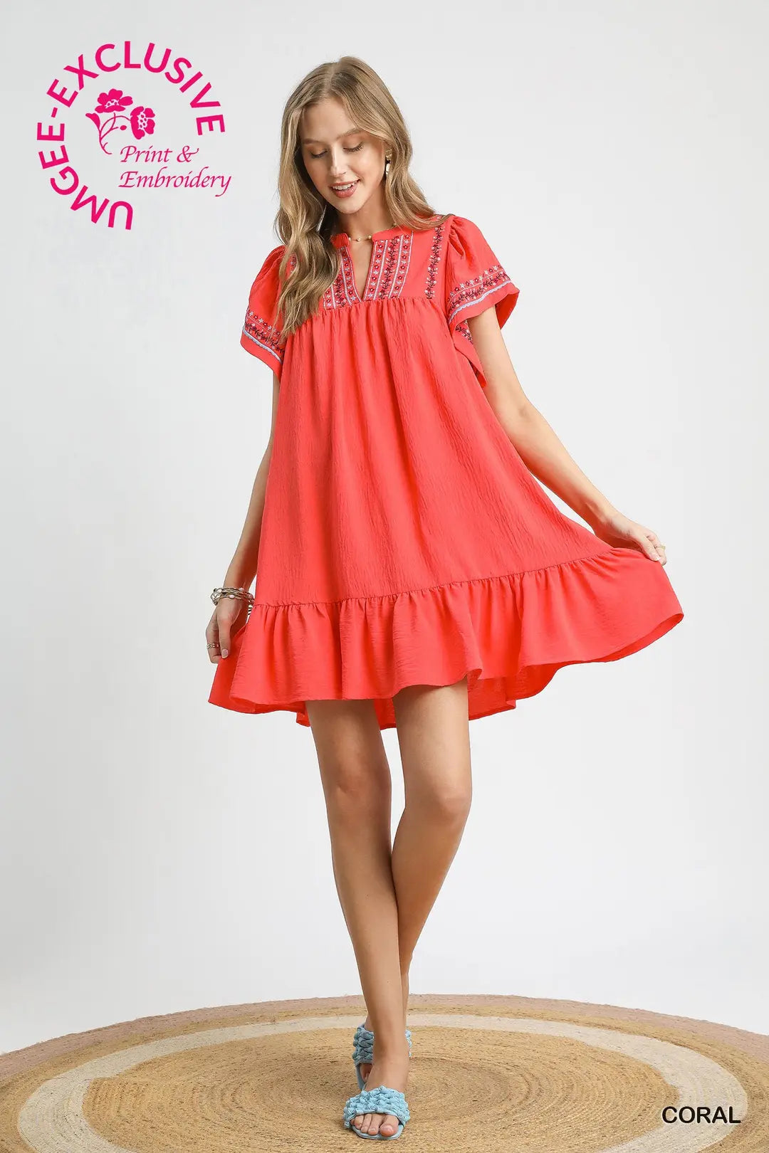 Embroidered Flutter Sleeve Babydoll Dress