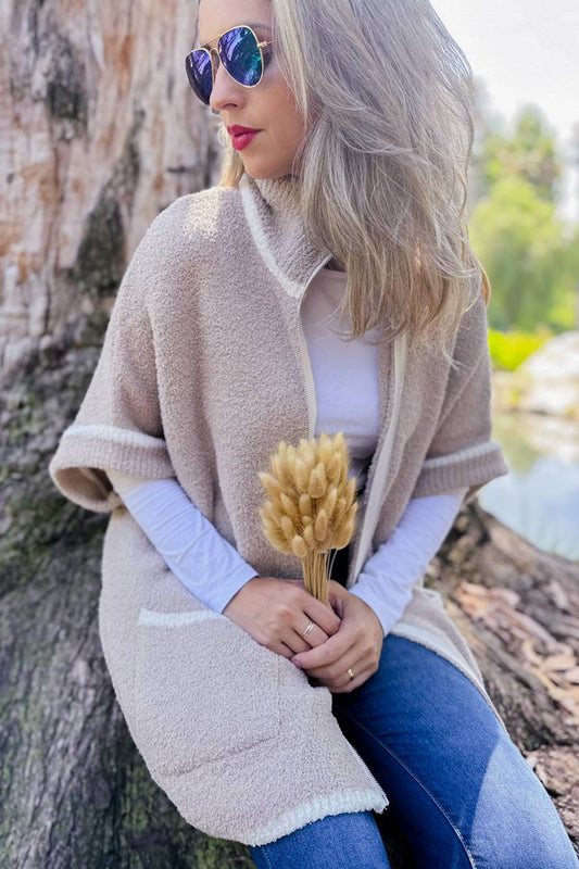 Beige Contemporary Soft Knitted Zip-Up Cozy Pocket Jacket