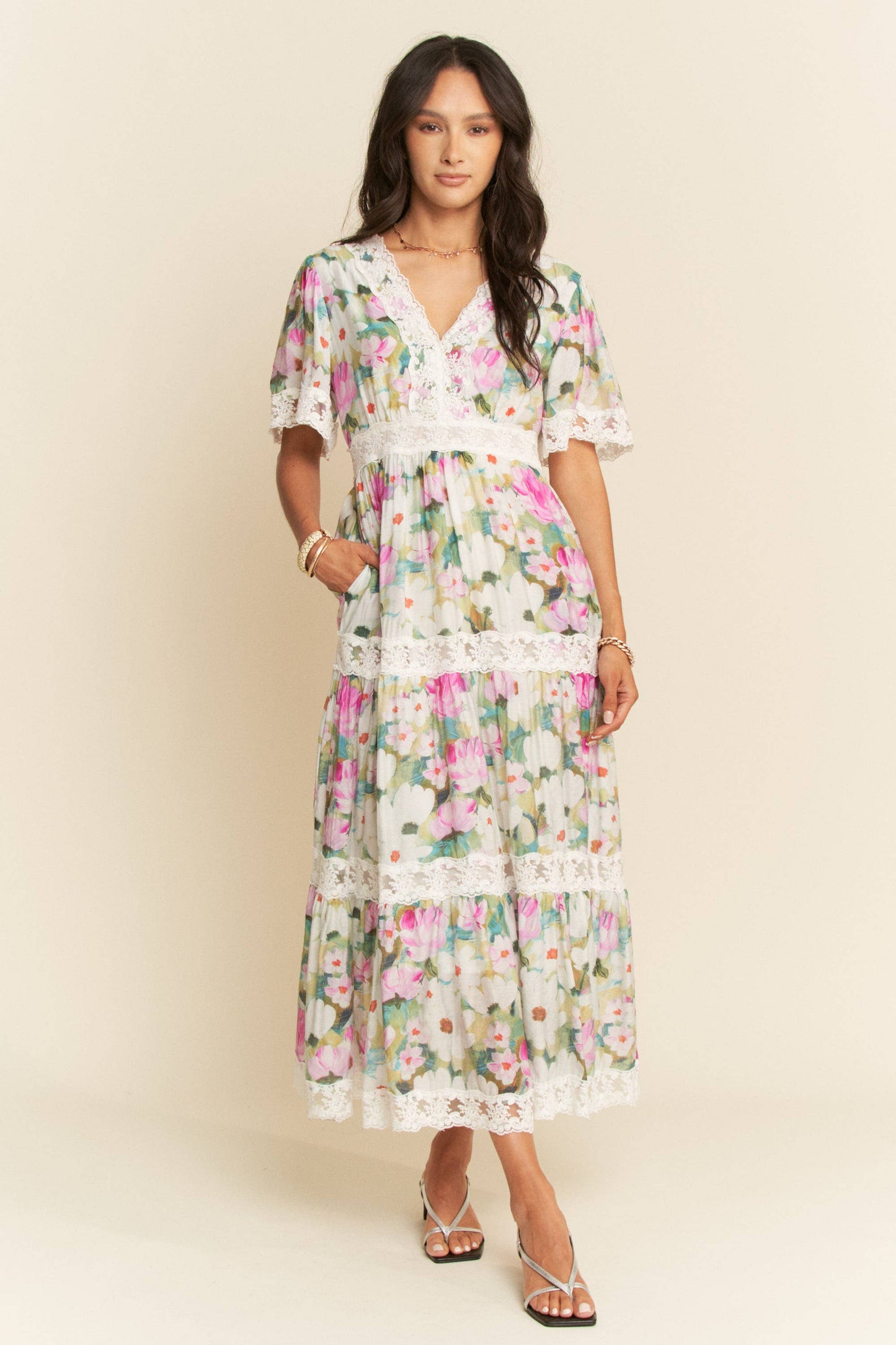 WATER PAINTING FLORAL ZIPPERED MAXI DRESS