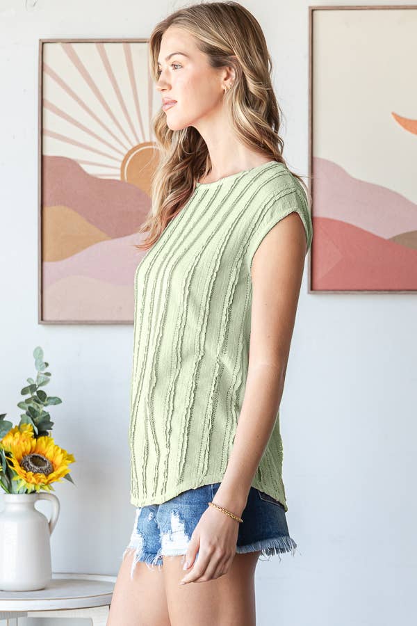 Lightweight Stripe Textured Cap Sleeves Blouse