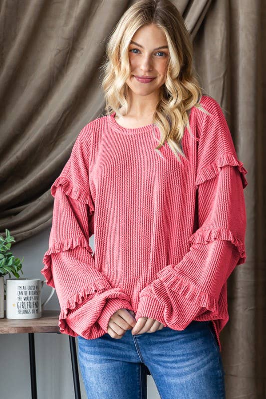 PUFF SLEEVE SOLID URBAN RIBBED TOP WITH SHIRRING