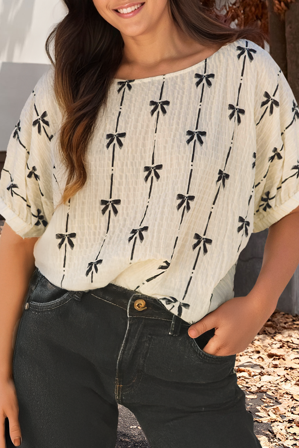 Bow Print Striped Round Neck Puff Short Sleeve Top
