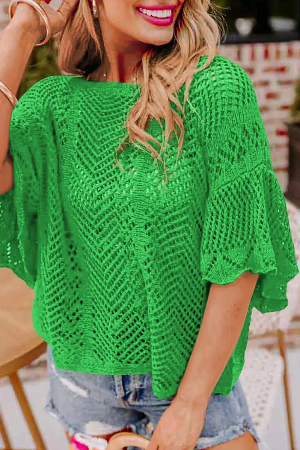 Women's Pointelle Knit Scallop Edge Short Sleeve Top
