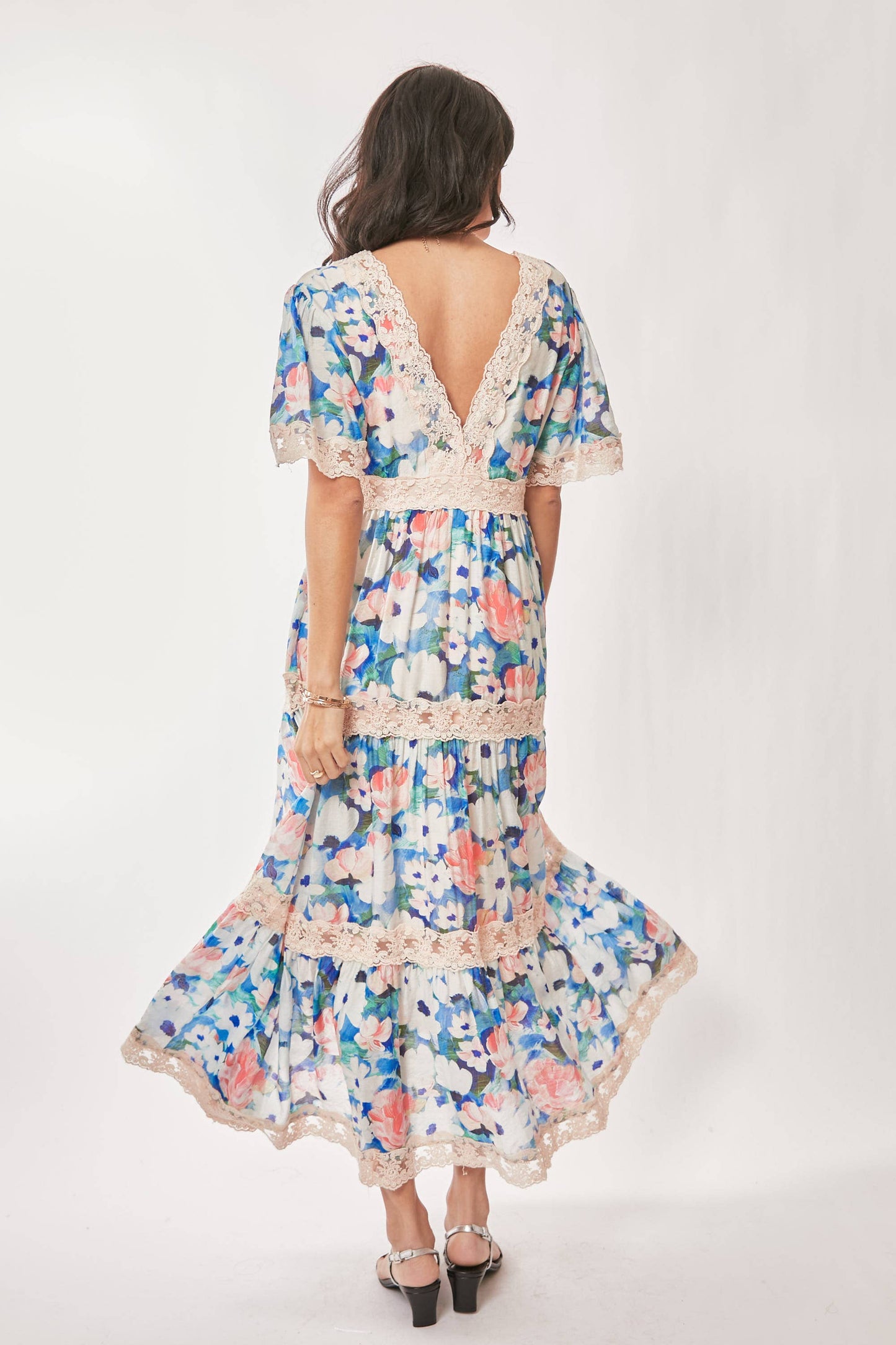 WATER PAINTING FLORAL ZIPPERED MAXI DRESS