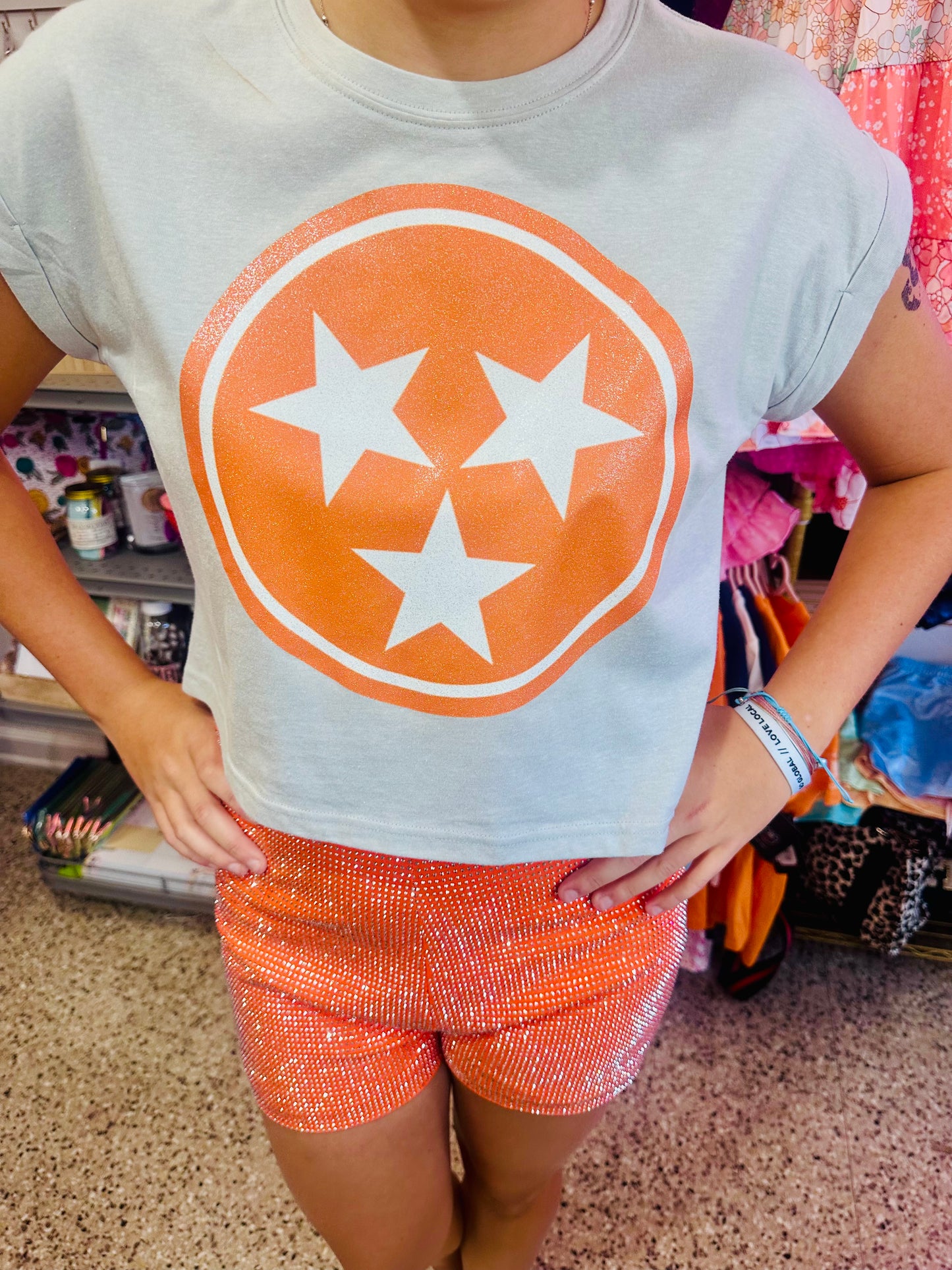 Folded Sleeve Glitter Tri-Star Shirt