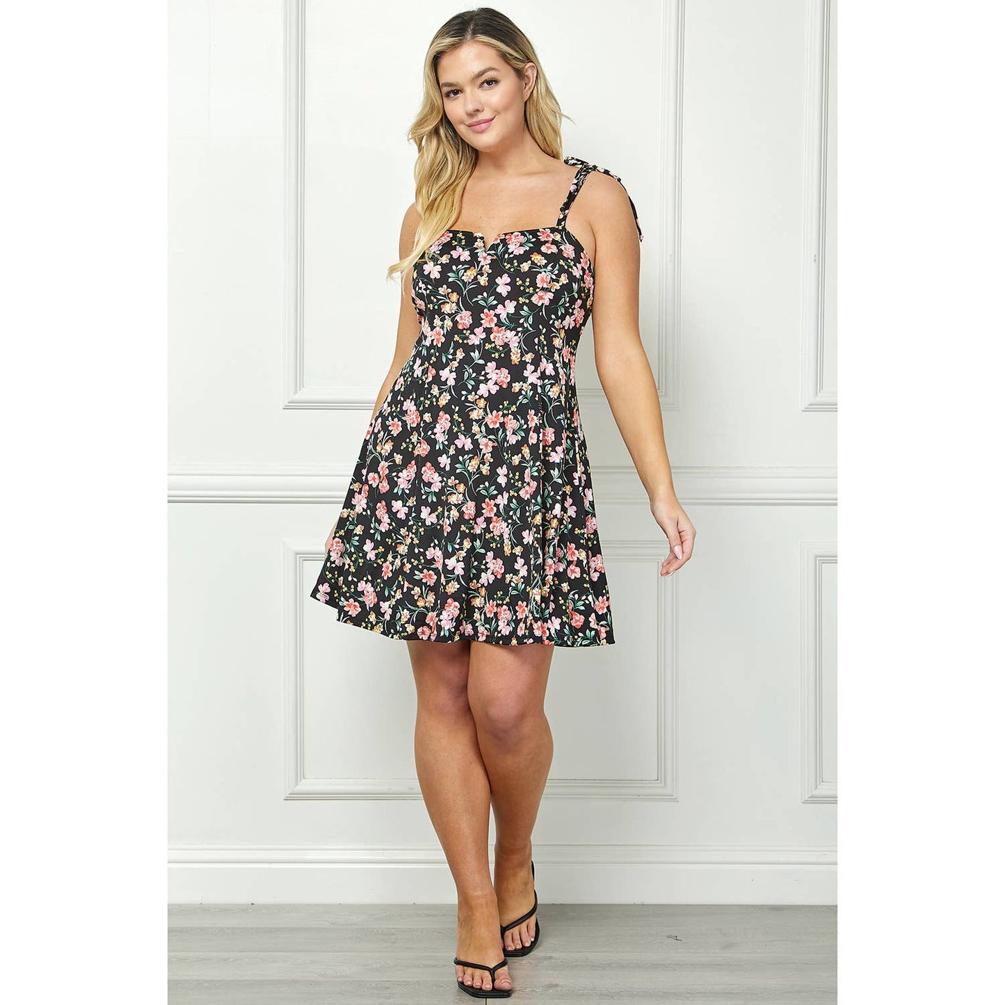 FIT AND FLARE TIE SHOULDER DRESS