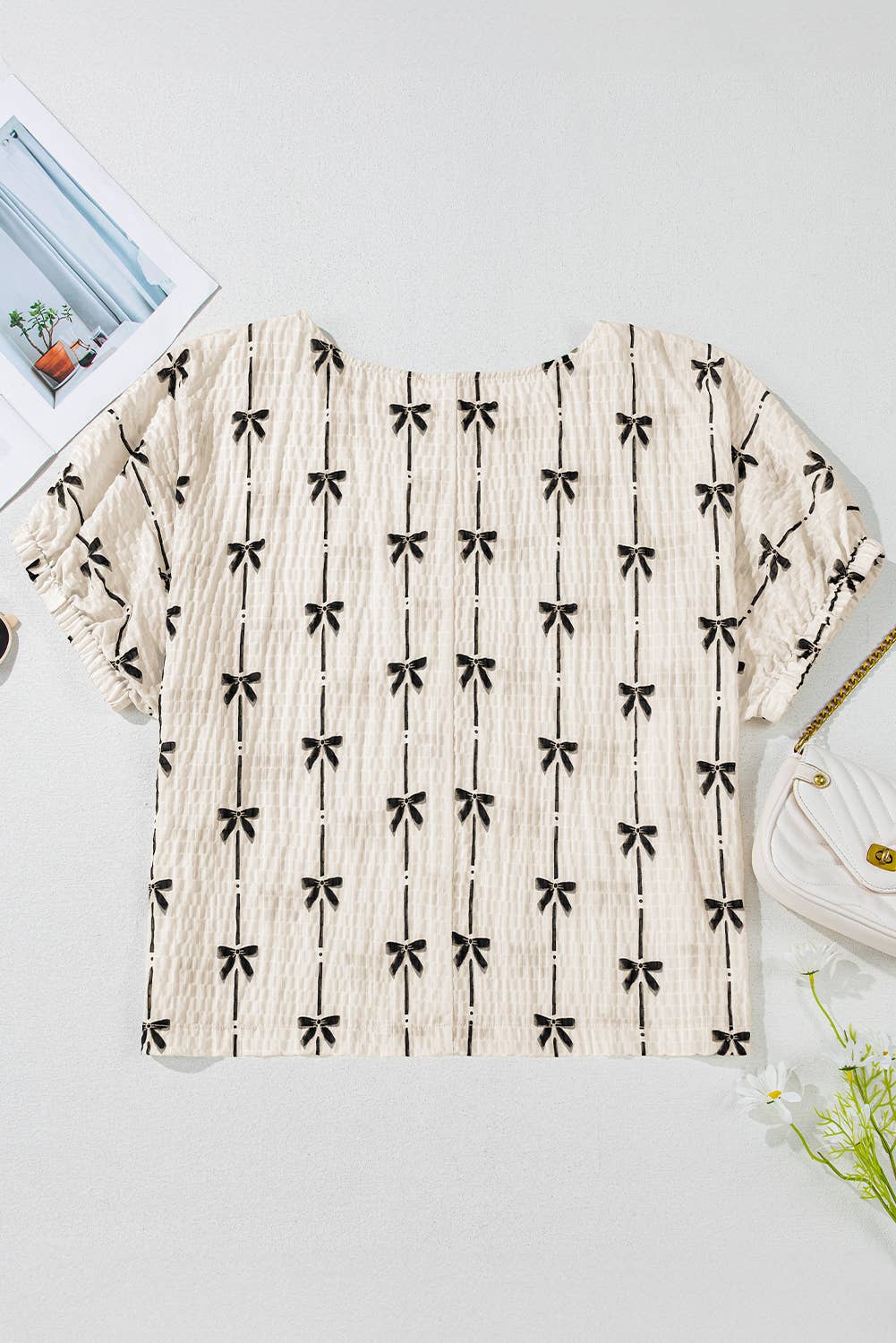 Bow Print Striped Round Neck Puff Short Sleeve Top