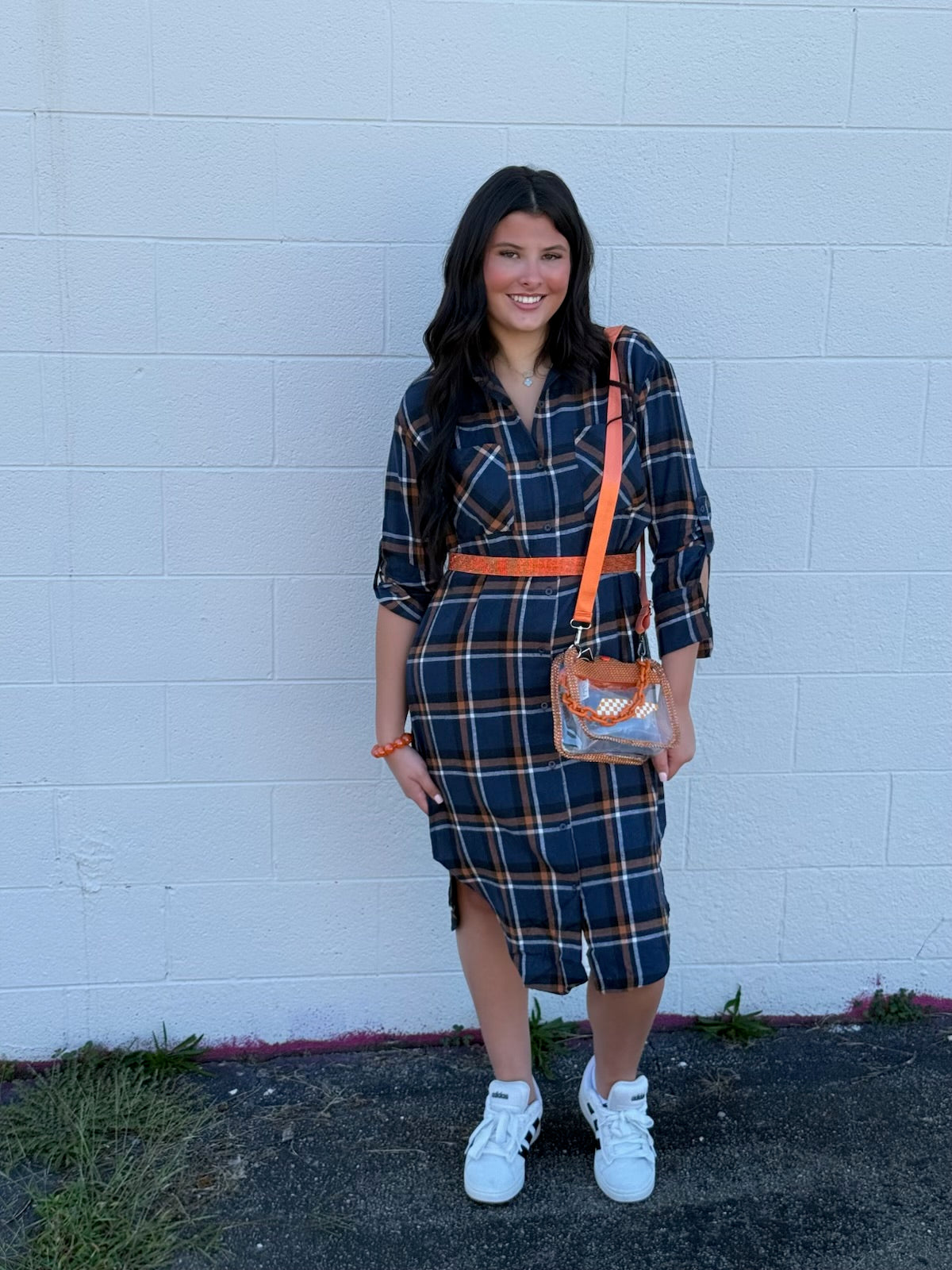 Navy and Orange Button Up Plaid Dress