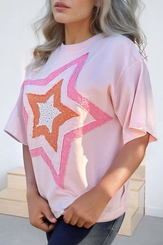 Eyelet Lace Star Applique Plus Size T-Shirt