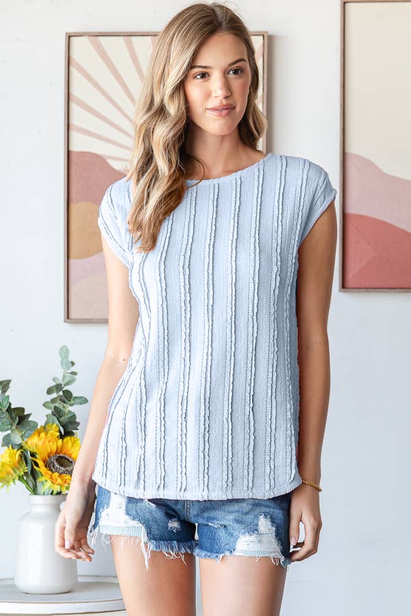 Lightweight Stripe Textured Cap Sleeves Blouse