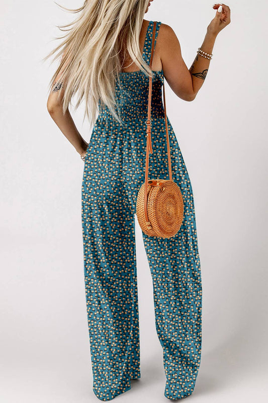 Floral Print Smocked High Waist Square Neck Jumpsuit