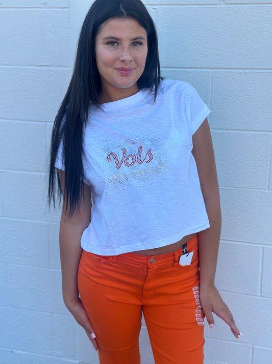 White Vols Rhinestone Crop Top