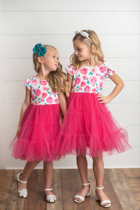 Girls Bright Pink Rose Tiered Tulle Dress
