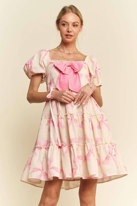 BOW PRINTED PUFF SMOCKING BACK TIERED DRESS