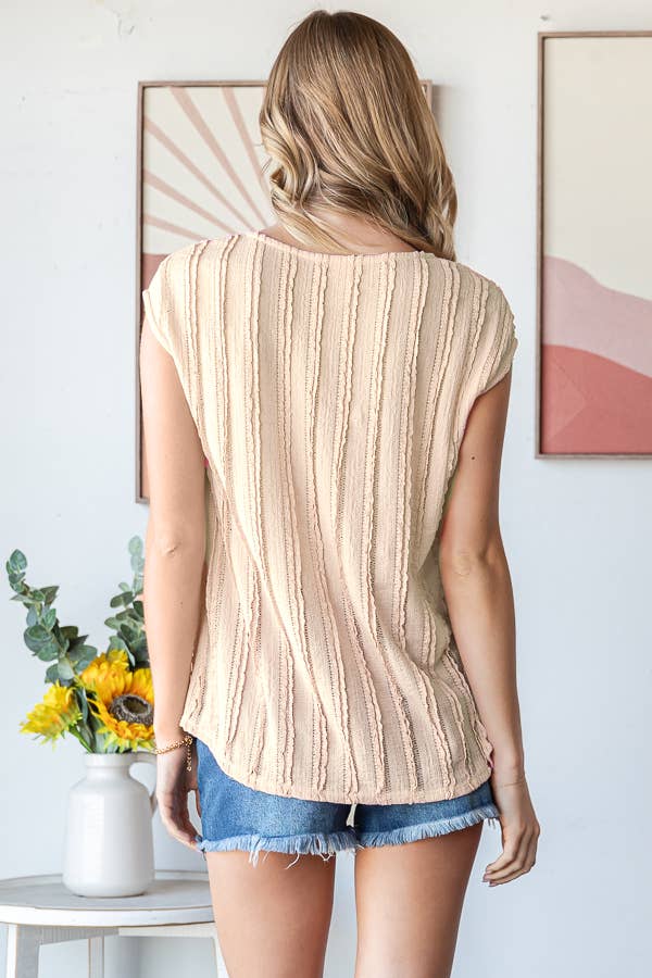 Lightweight Stripe Textured Cap Sleeves Blouse