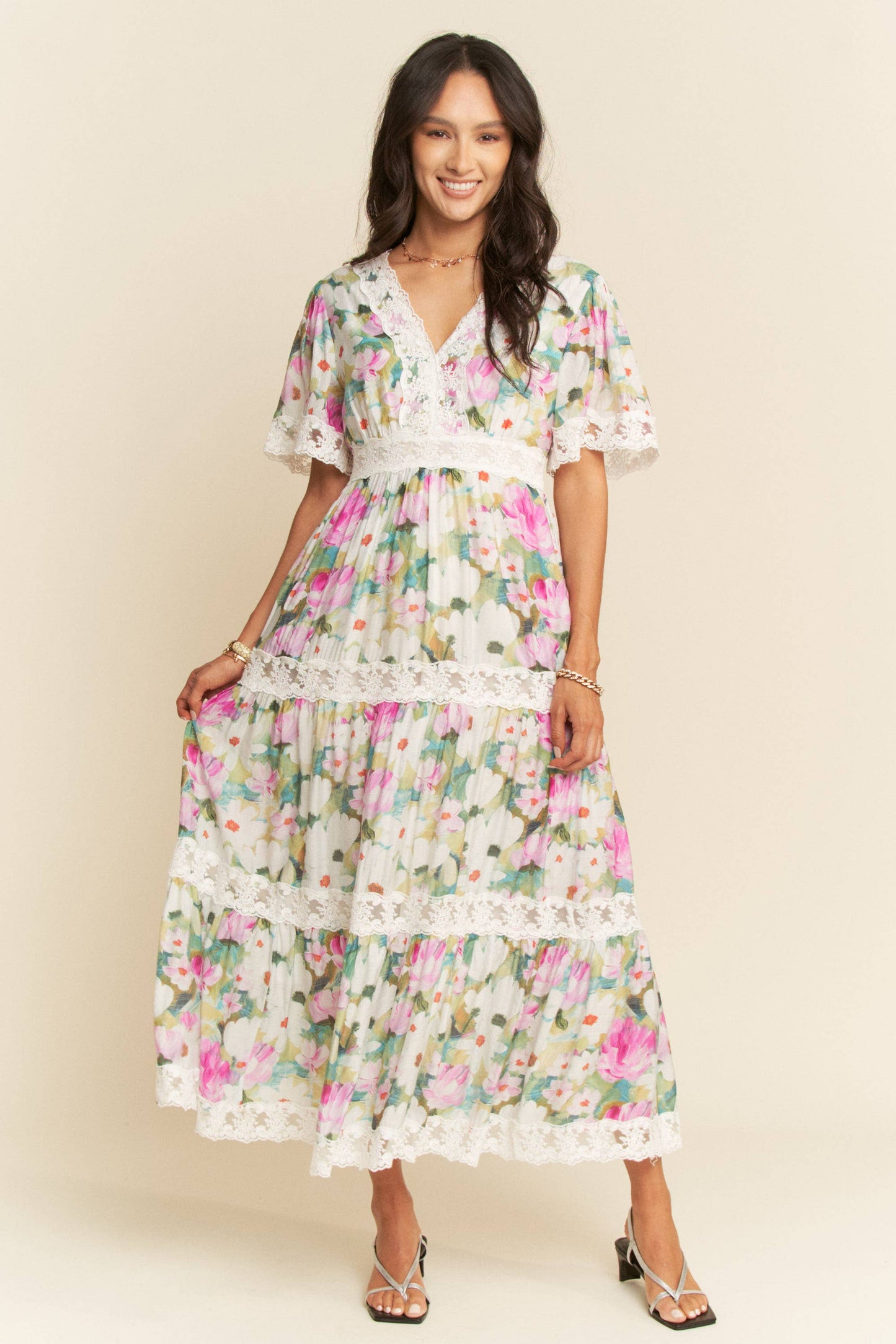 WATER PAINTING FLORAL ZIPPERED MAXI DRESS