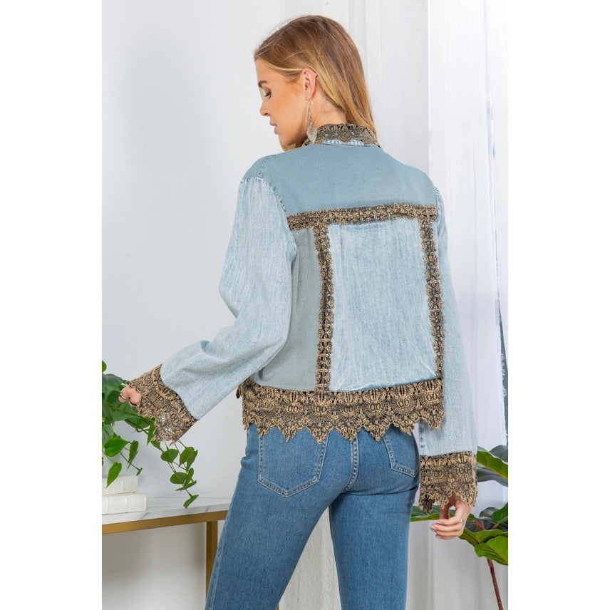 Sunset Serenade: Ice-Washed Denim Jacket with Gravel Lace
