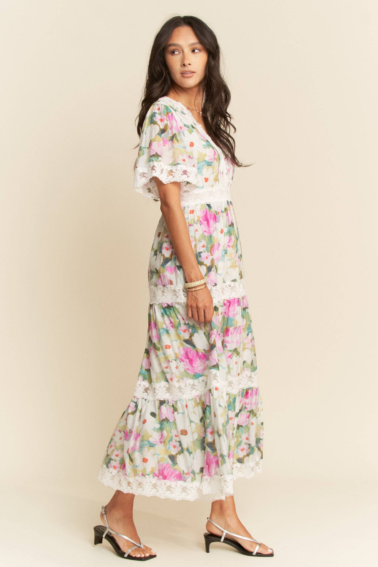 WATER PAINTING FLORAL ZIPPERED MAXI DRESS
