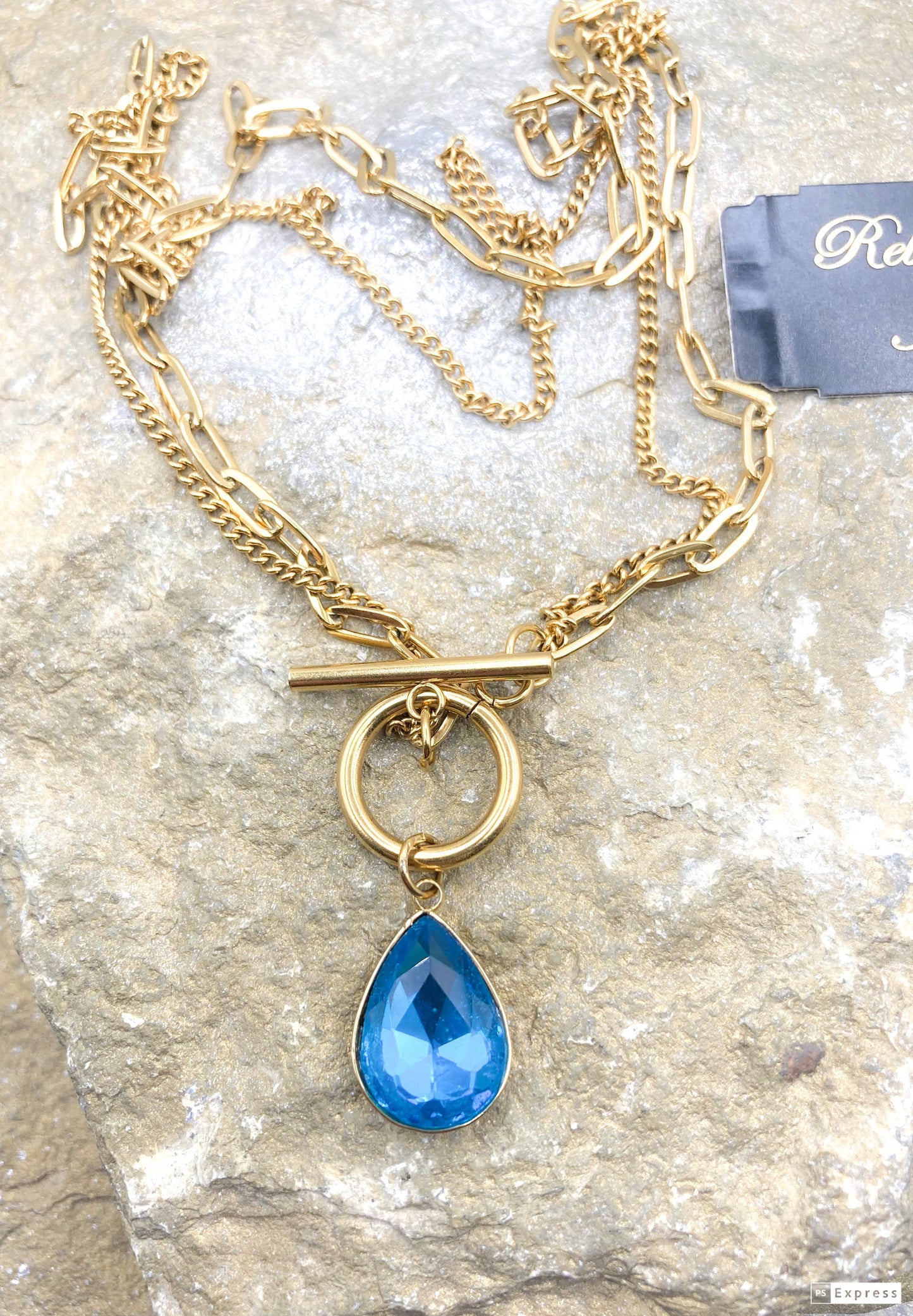 Gold Double Strand Toggle Necklace with Crystal Teardrop